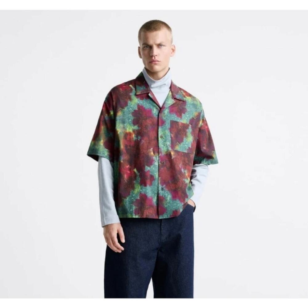 NEW Zara Mens Floral Print Boxy Shirt Large Button Front Watercolor Artsy FLAW